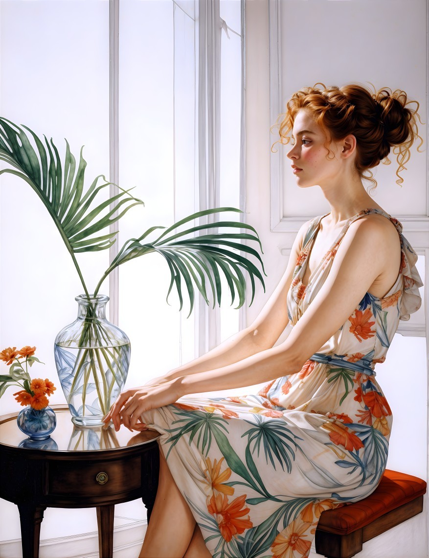 Young Woman in Floral Dress by Table with Vase