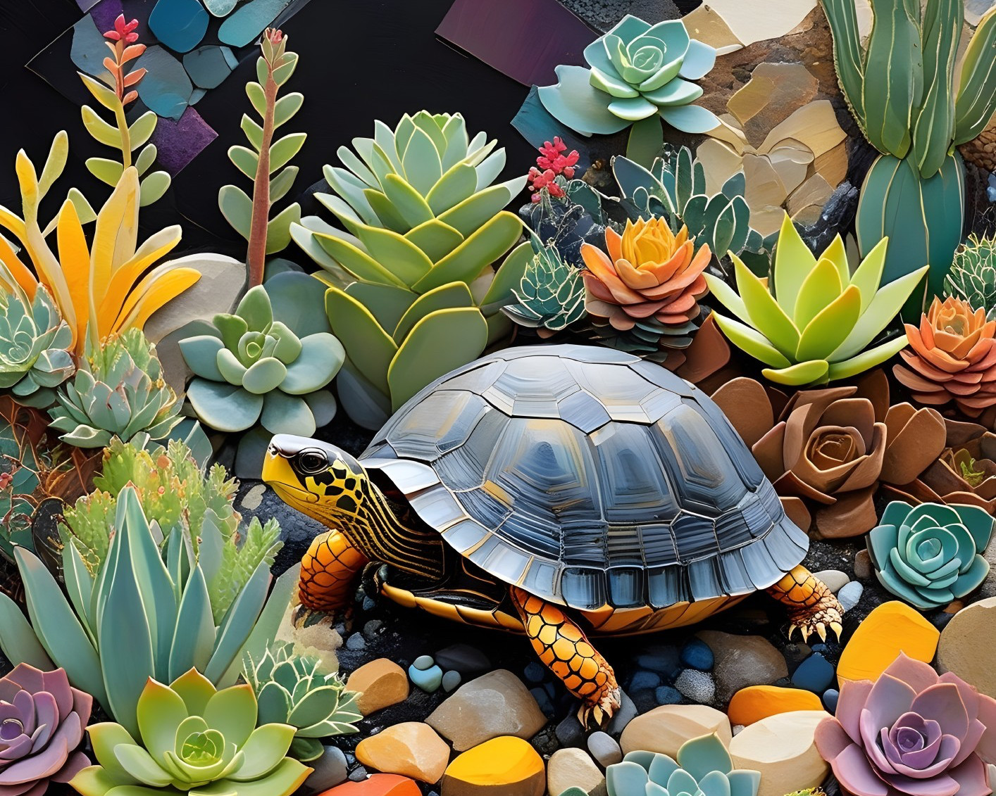 Turtle Surrounded by Succulents and Cacti Mosaic