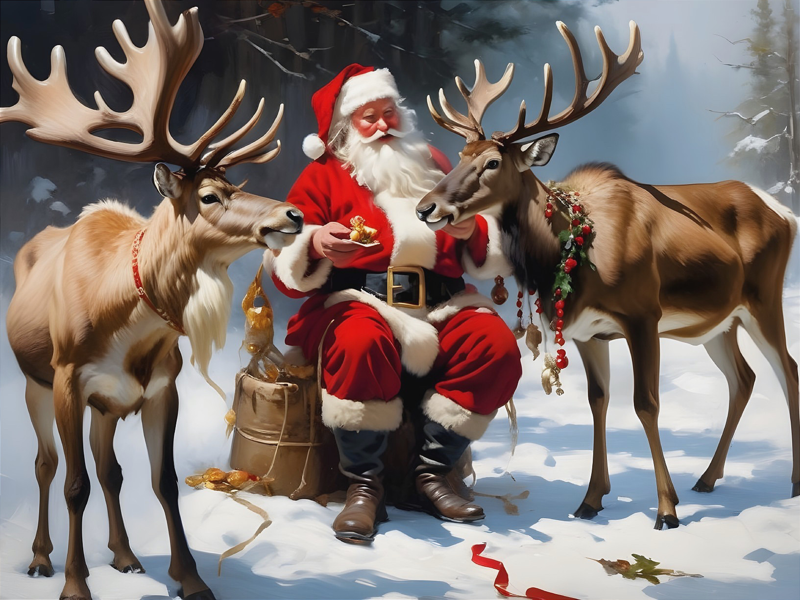 Santa Claus in a snowy forest with reindeer and bell