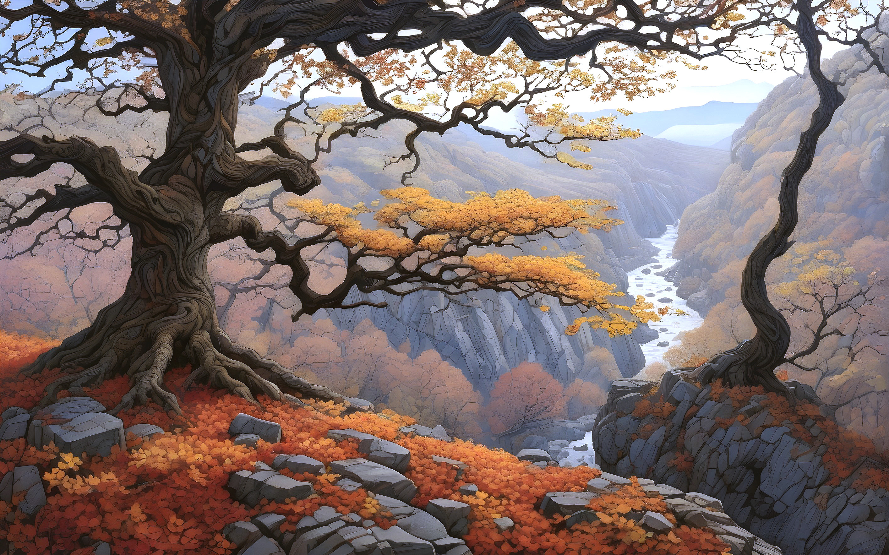 Majestic autumn landscape with trees and river