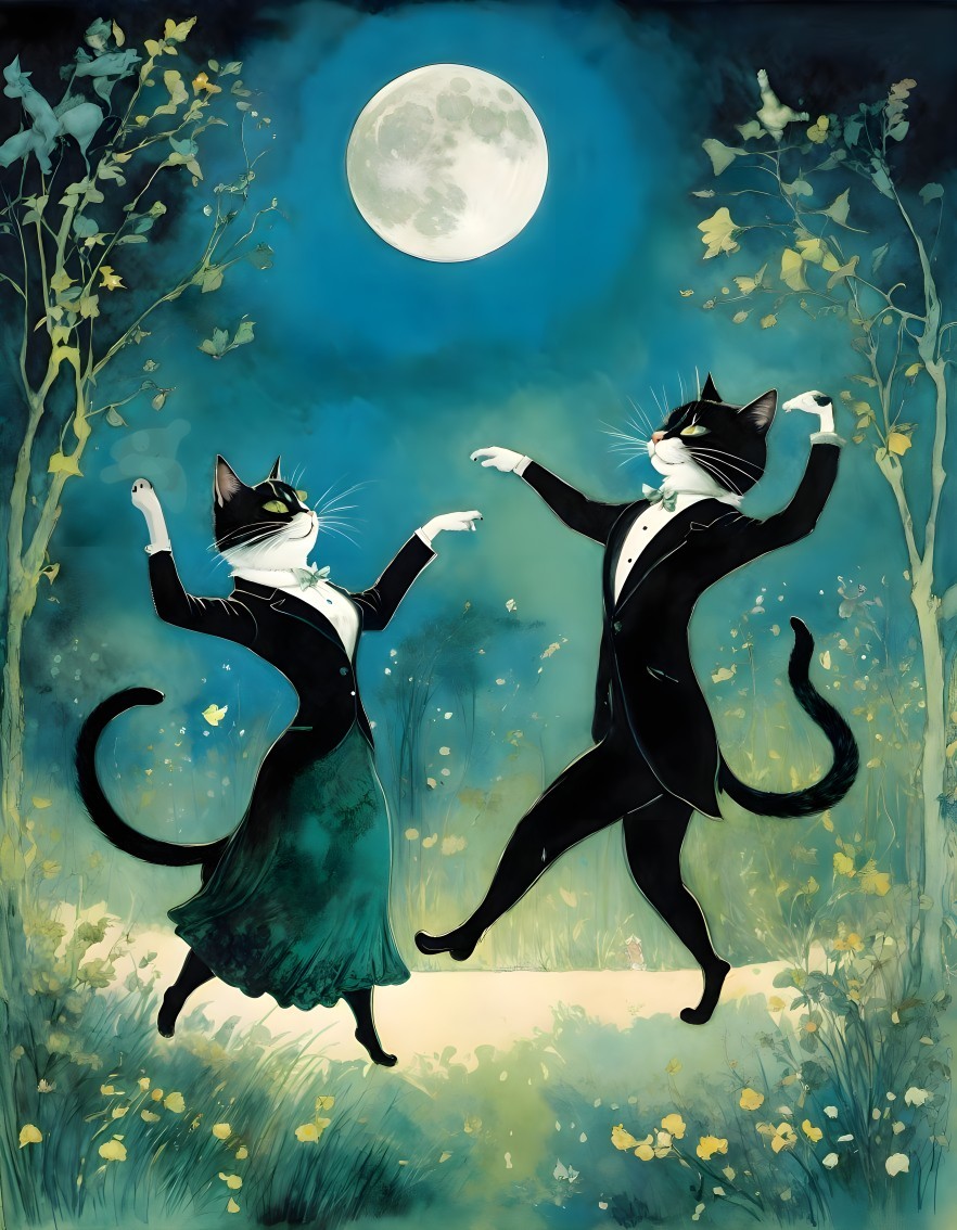 Dancing Cats in a Whimsical Nighttime Scene