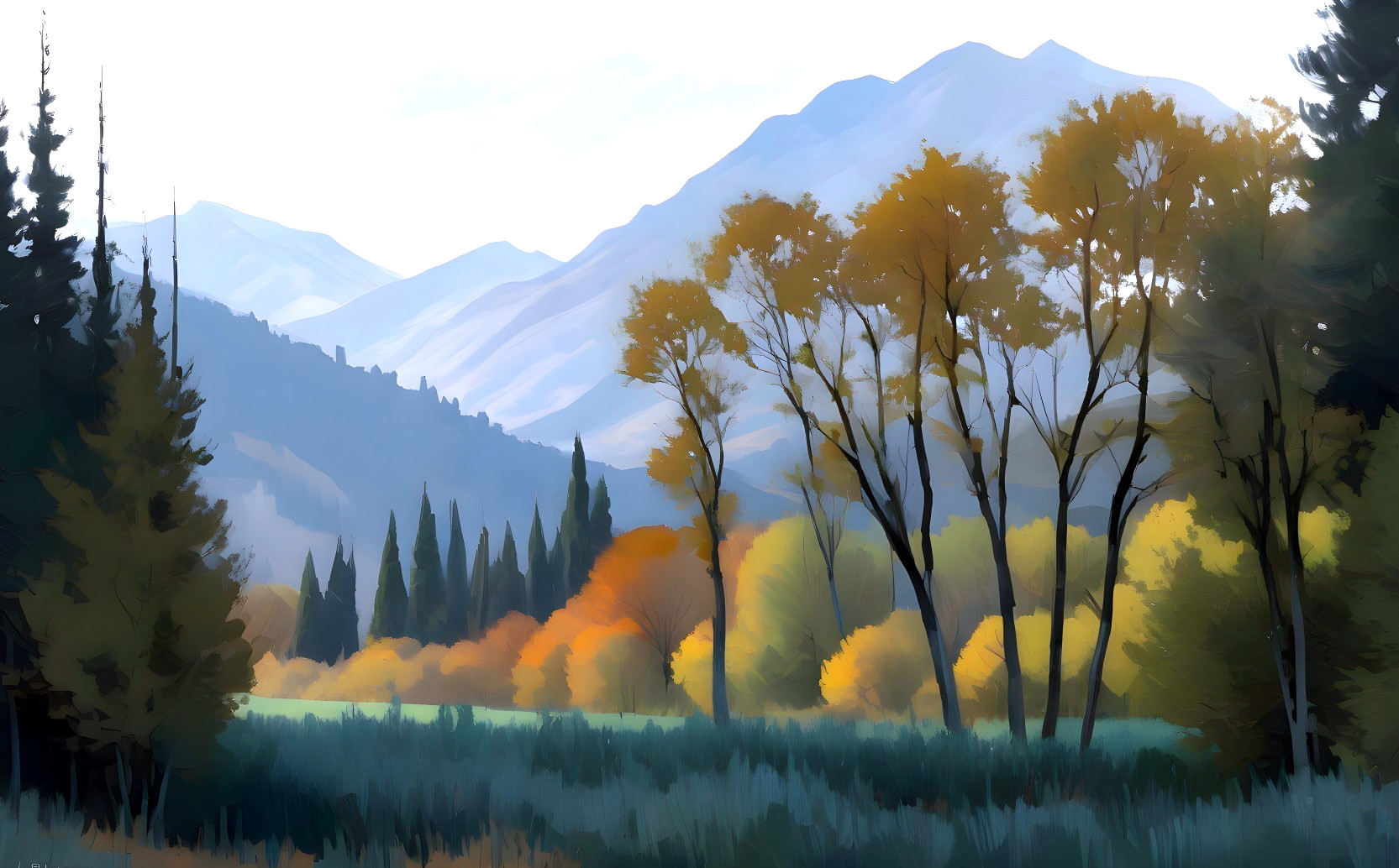 Serene Autumn Landscape with Trees and Mountains