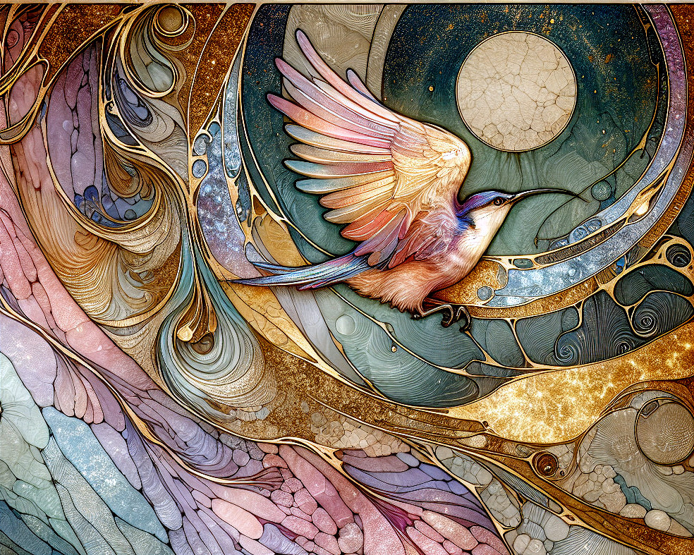 Intricate Illustration of a Vibrant Bird in Flight