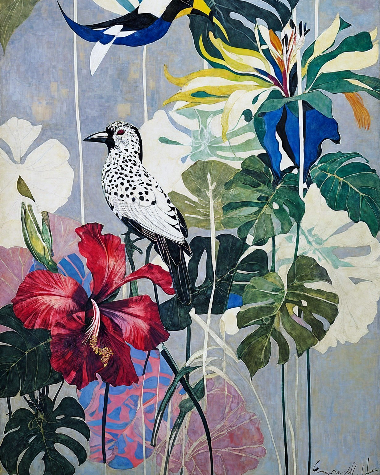 Spotted Bird Among Tropical Foliage and Flowers