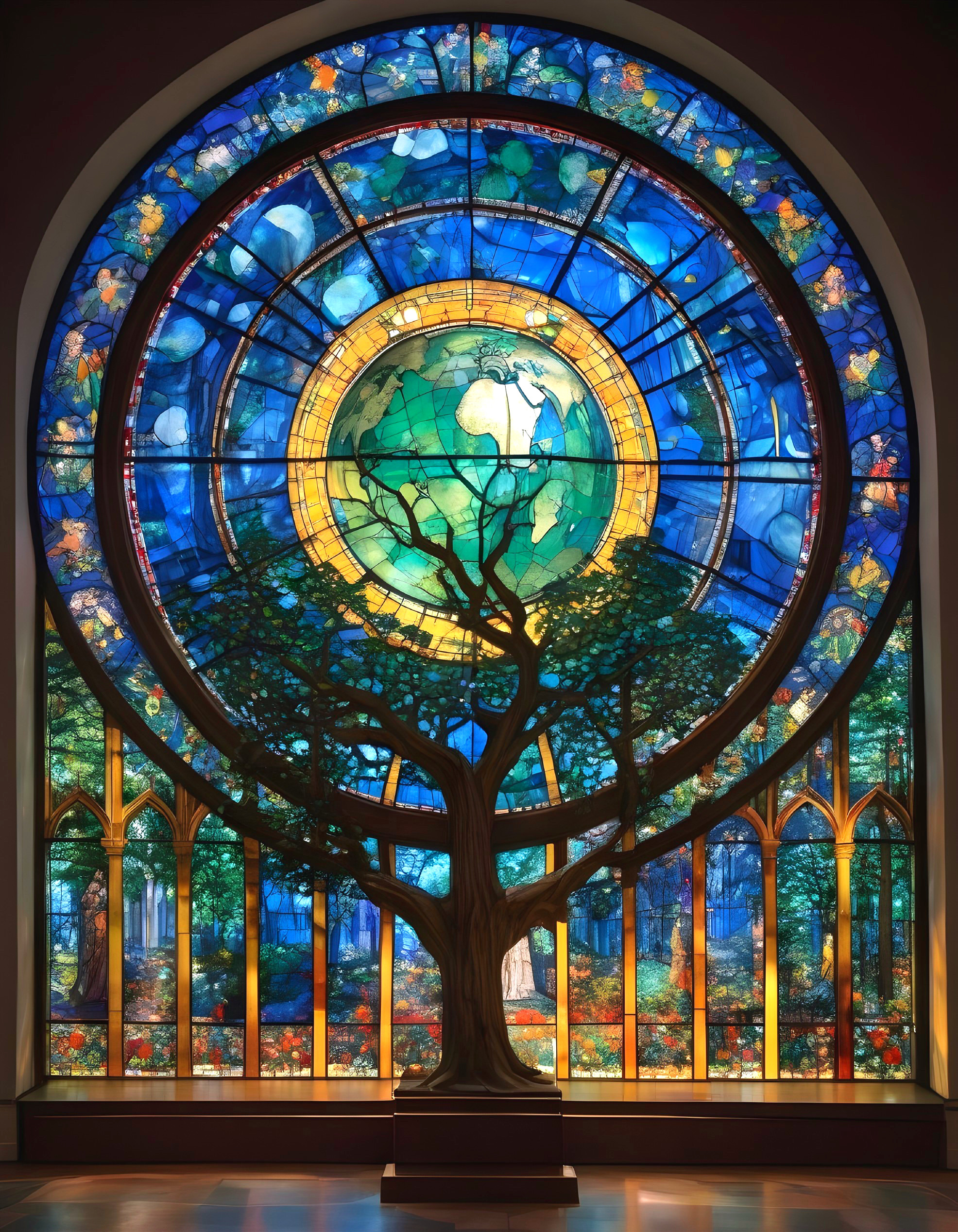 Vibrant Stained Glass Window with Tree and Earth Design