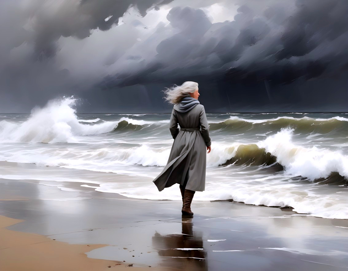 Solitary Figure on Stormy Beach with Turbulent Waves