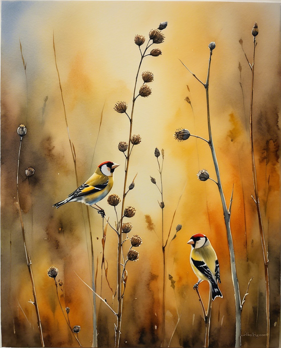 Goldfinches on Dried Stems in a Warm Landscape