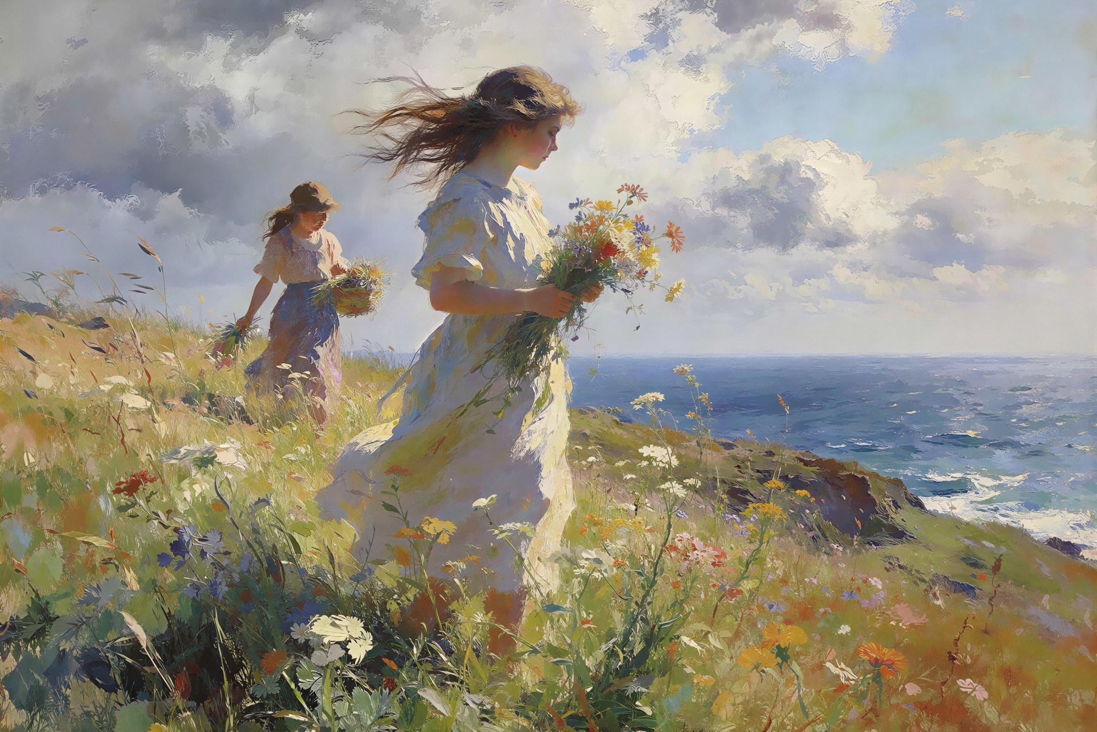 Young Women Gathering Wildflowers on Ocean Cliffside