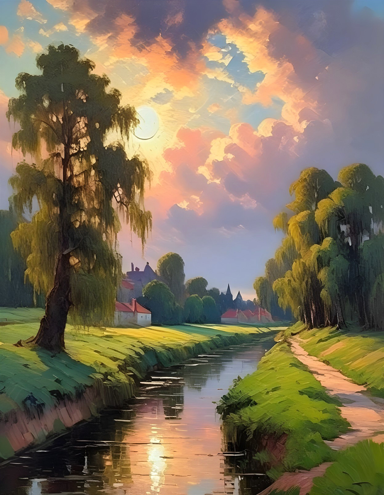 Serene Landscape with River and Sunset Reflections