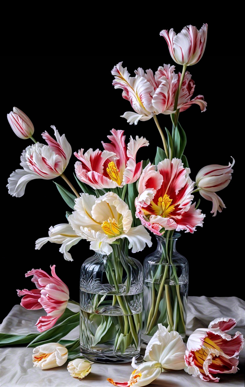 Colorful Tulip Bouquet in Crystal Vases on Black Background