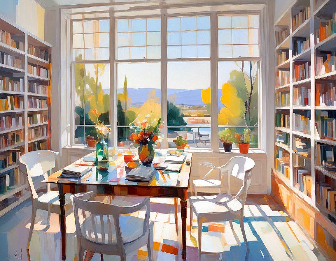 Bright Library with Sunlit Windows and Colorful Books