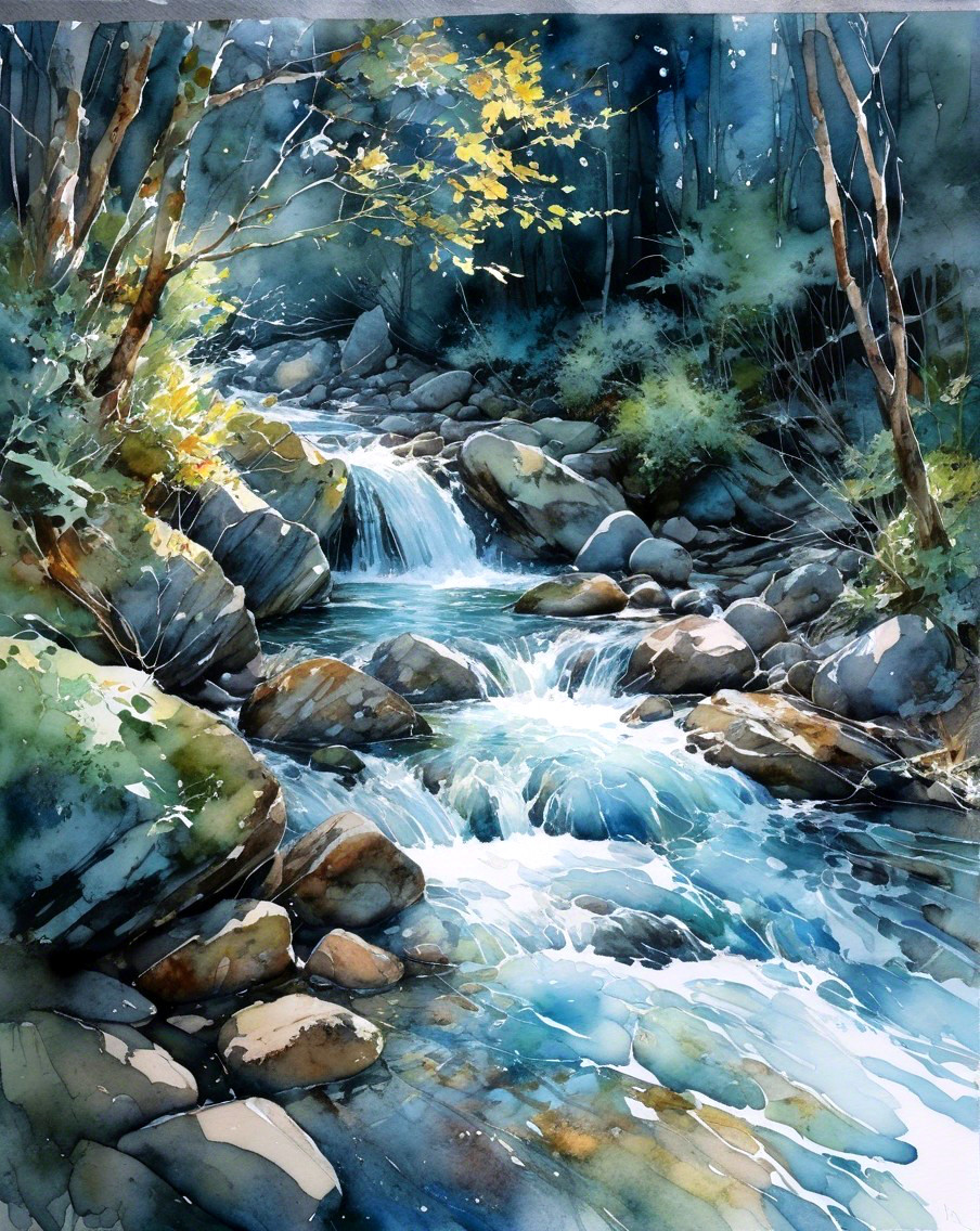 Watercolor Scene of a Tranquil Stream and Foliage