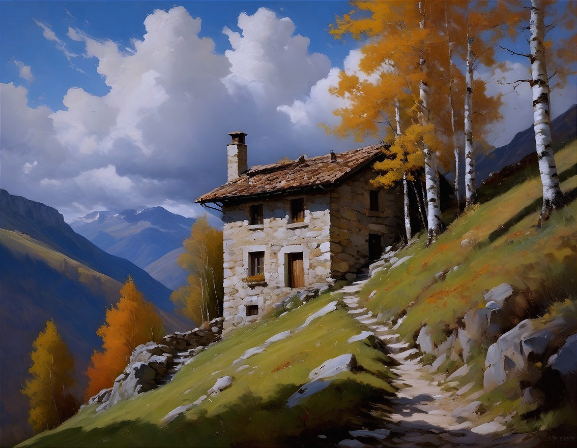 Quaint Cottage in Autumn Landscape with Mountains