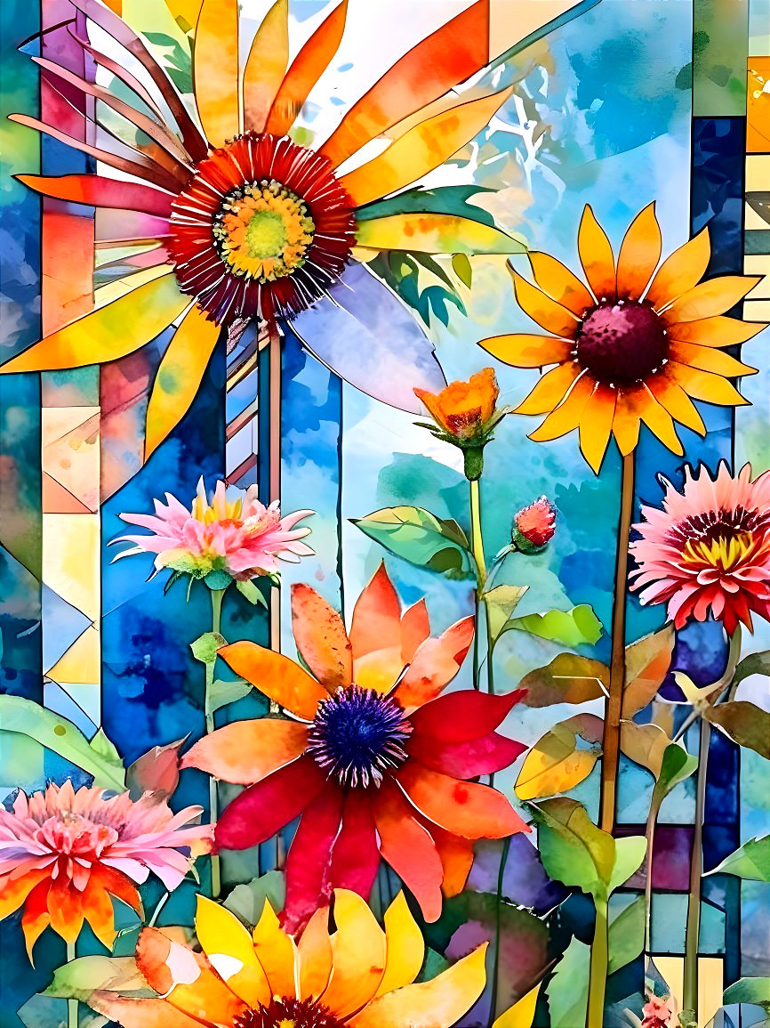 Vibrant Watercolor Painting of Colorful Flowers