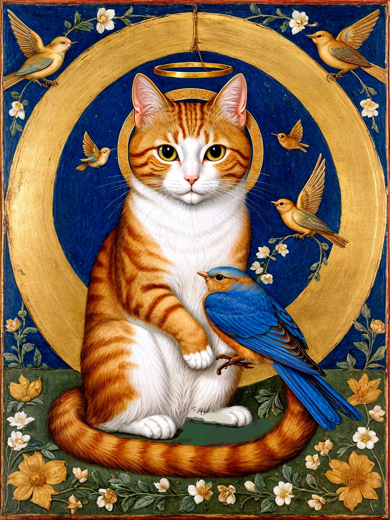 Illustration of a Cat with Birds and Floral Background