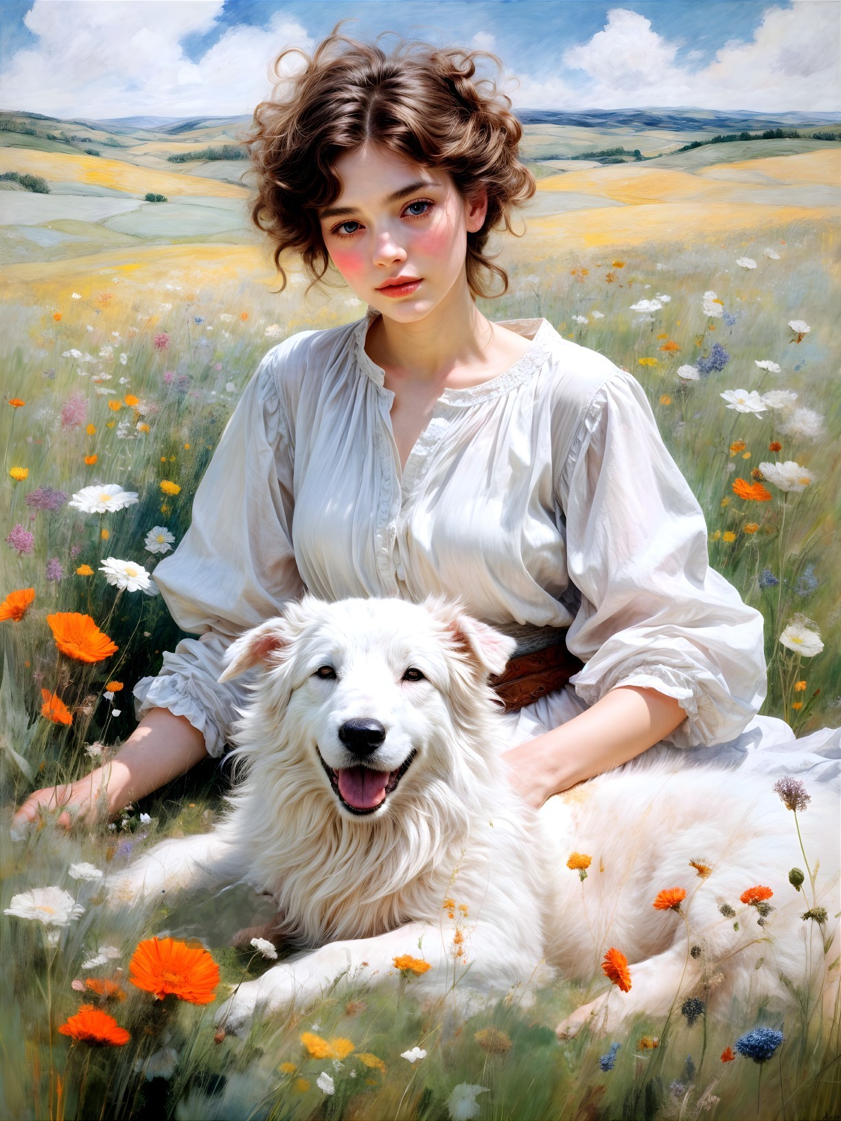 Young Woman and Dog in Sunlit Meadow Scene