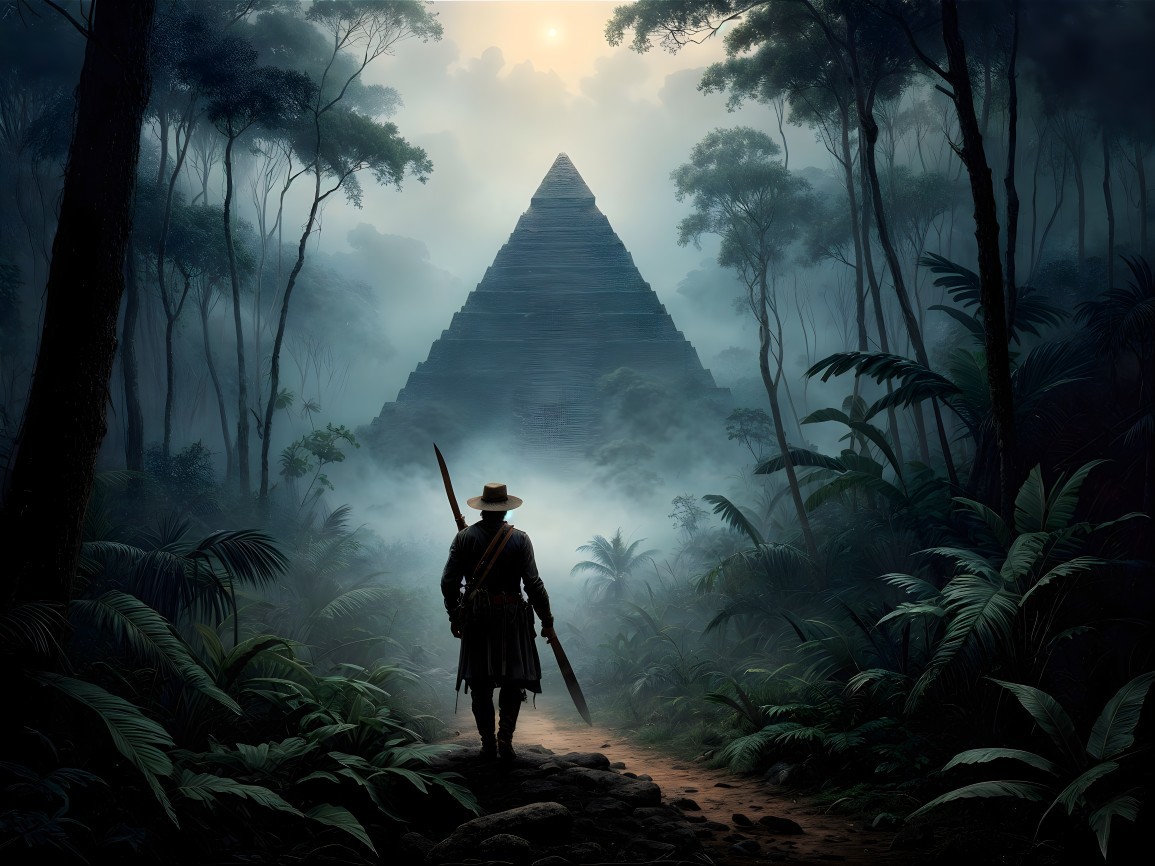 Explorer at Jungle Edge Overlooking Misty Pyramid