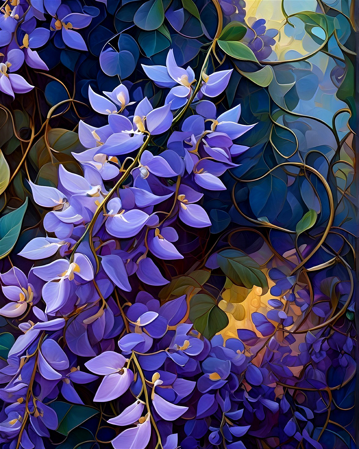 Cascading Wisteria Blossoms in Purple and Blue