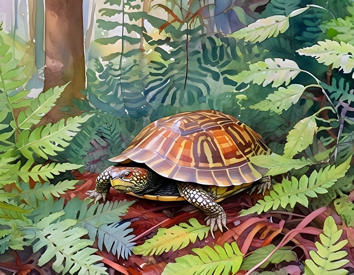 Tortoise in Lush Forest with Sunlight and Foliage