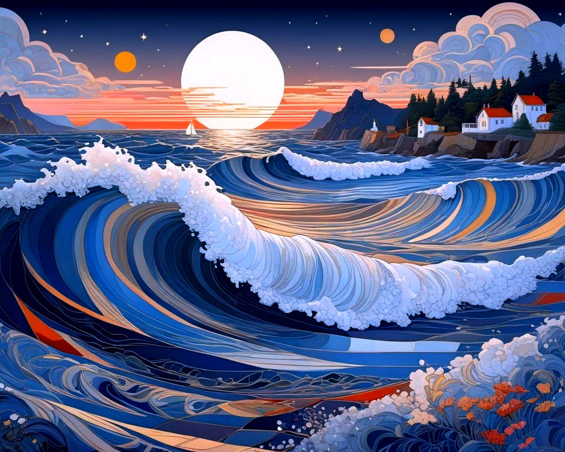 Vibrant Seascape at Sunset with Waves and Mountains