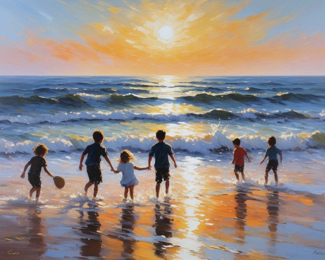 Vibrant Beach Sunset with Children Playing by Water