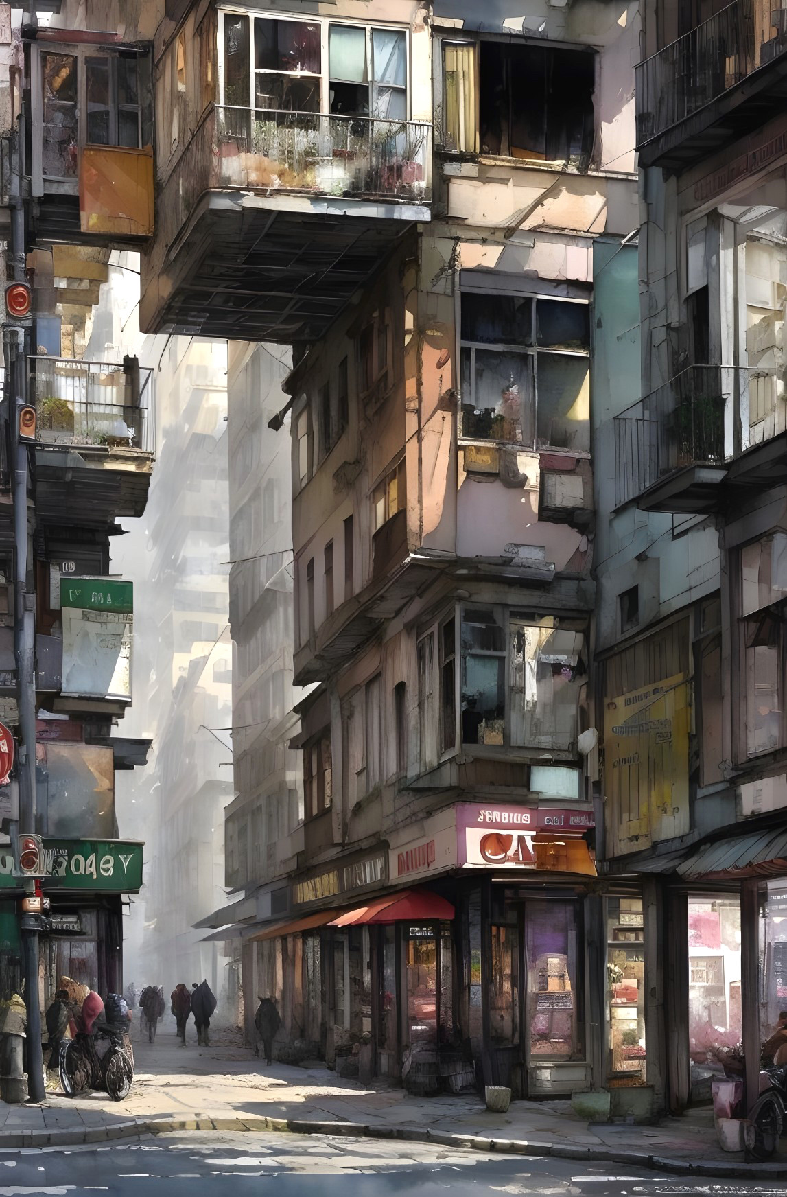 Narrow Urban Street with Weathered Buildings and Balconies