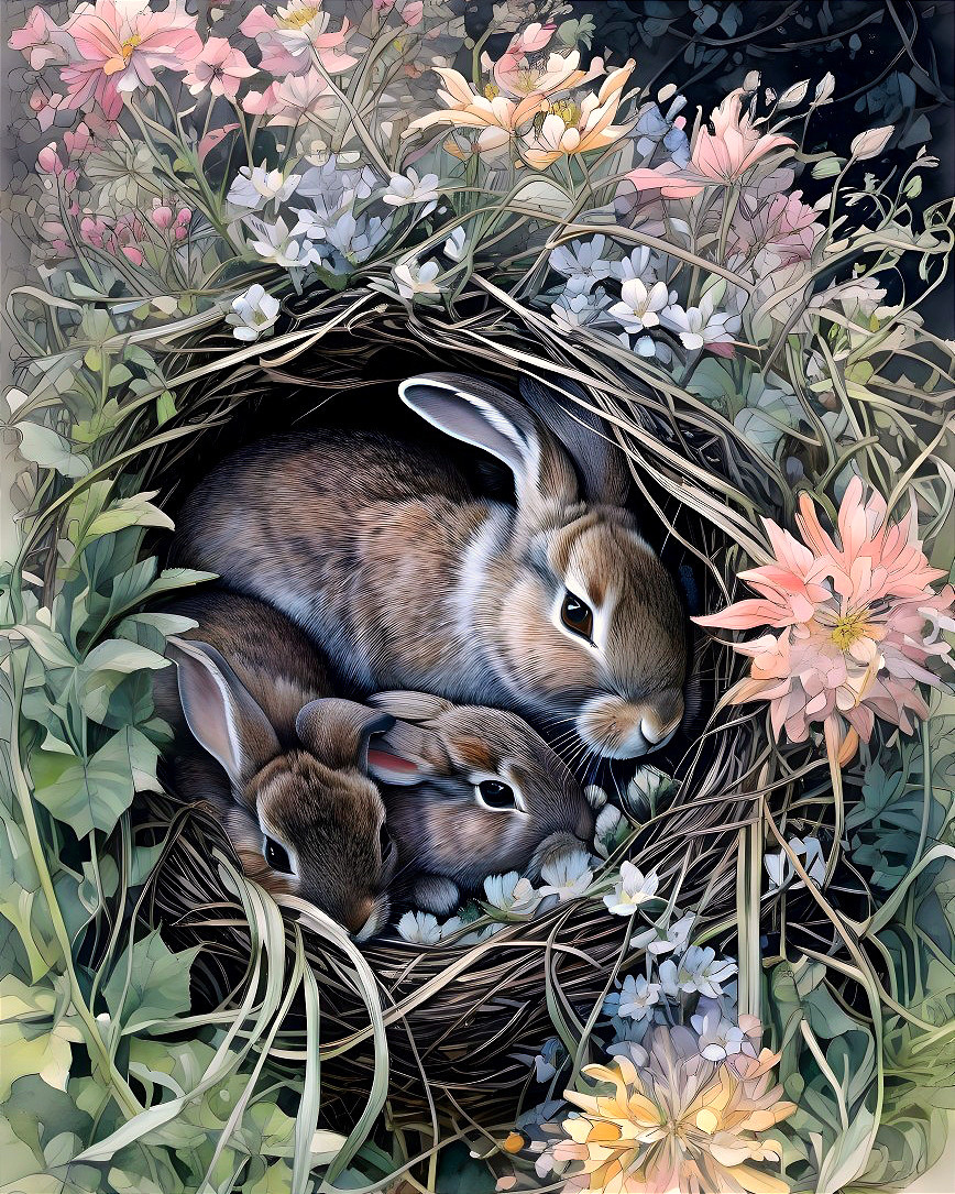 Cozy Nest of Three Rabbits Among Wildflowers