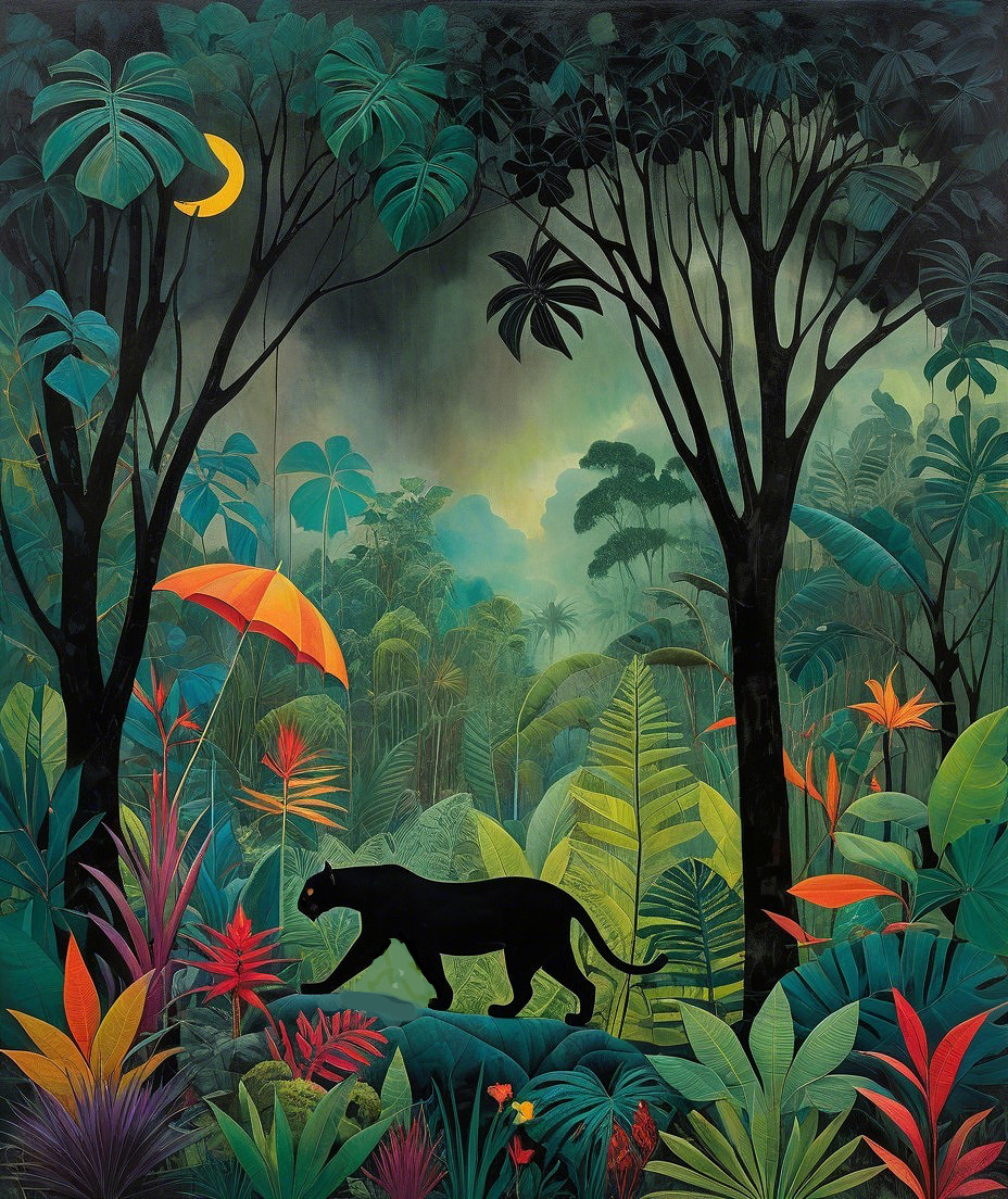 Lush jungle scene with vibrant foliage and a panther