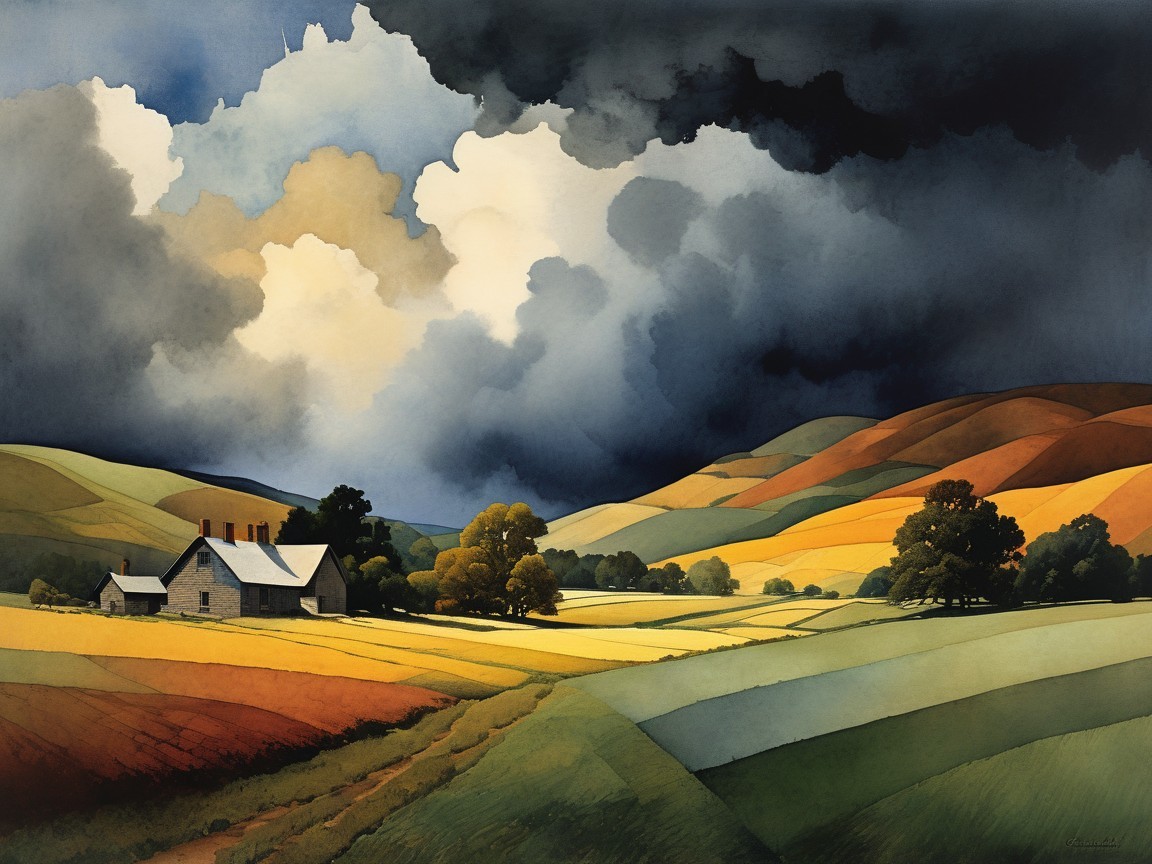 Tranquil Rural Landscape with Farmhouse and Storm Clouds