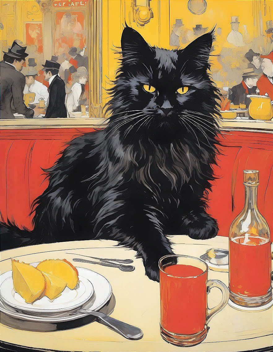 Black Cat with Yellow Eyes in Vibrant Café Setting