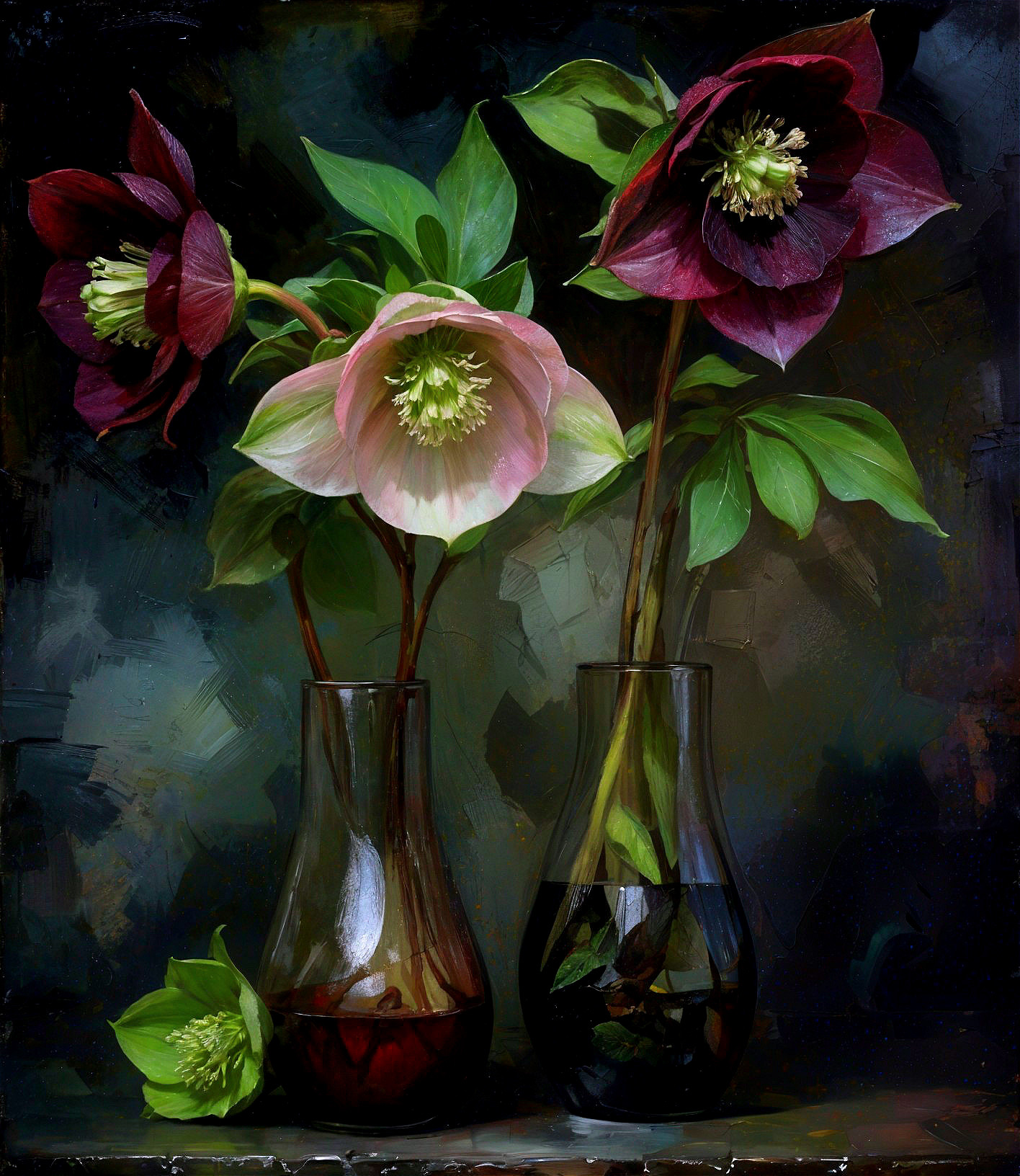 Elegant Vases with Hellebore Flowers and Green Leaves