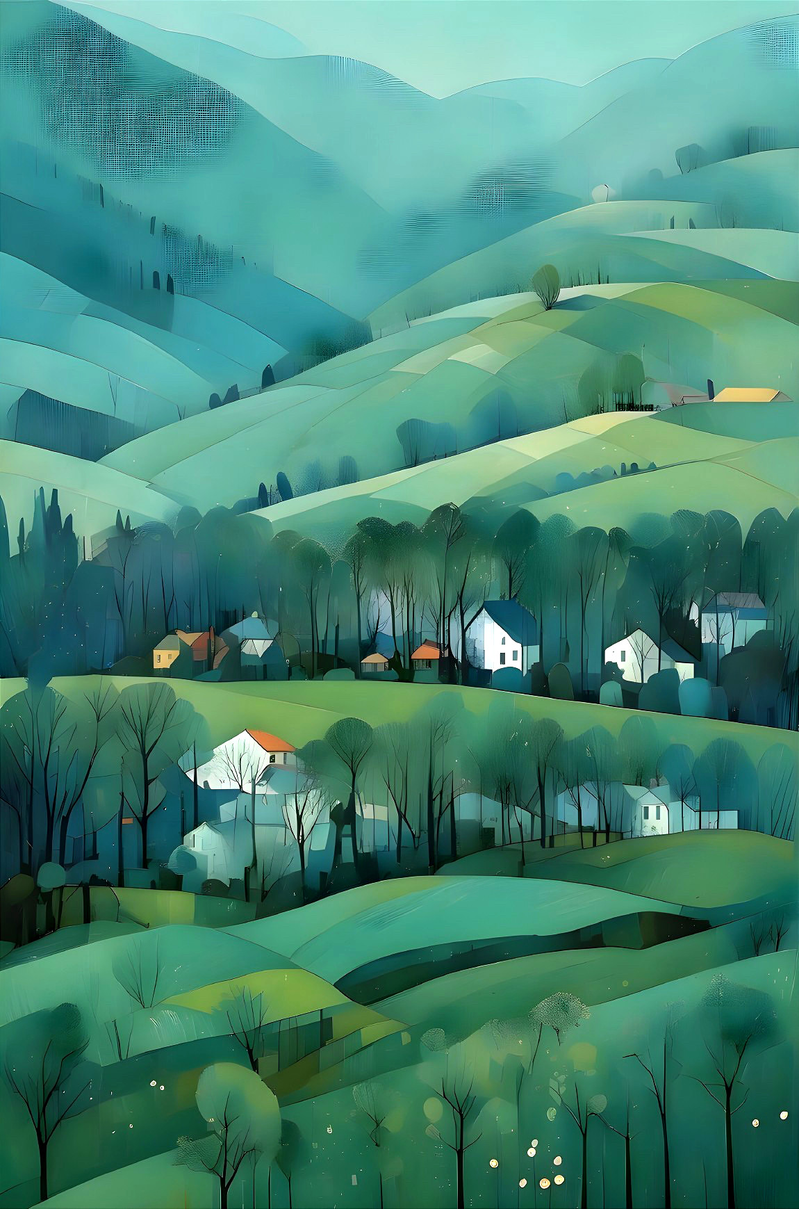 Serene countryside landscape with rolling hills and water