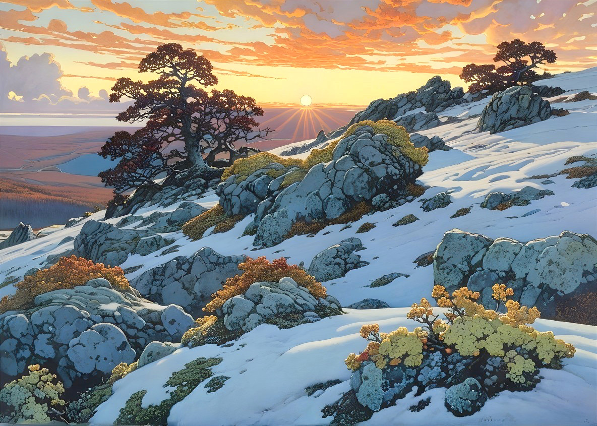 Serene Sunrise Landscape with Snow and Colorful Vegetation