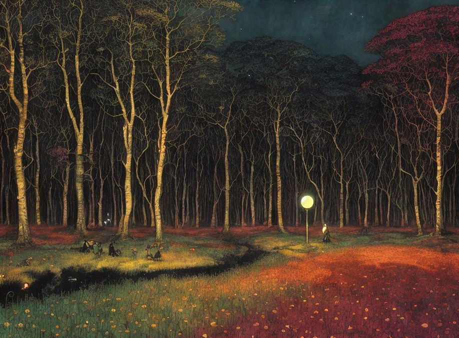 Mystical forest painting: twilight scene, red foliage, glowing orb, silhouetted figures