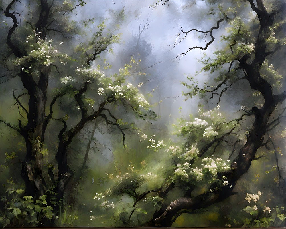 Serene Landscape with Twisted Trees and Blossoms
