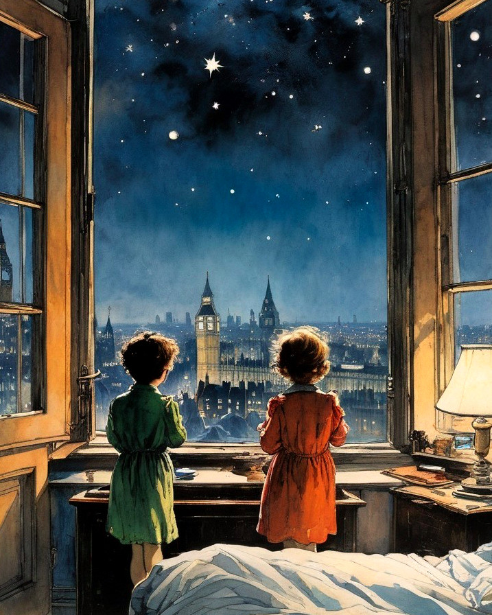 Children by Window Admiring Starry Night Sky