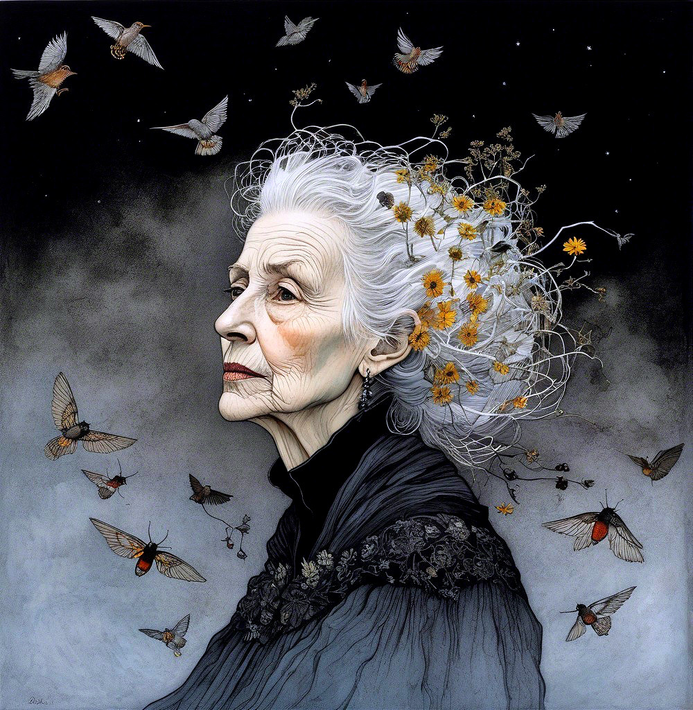 Elderly Woman with White Hair Surrounded by Nature