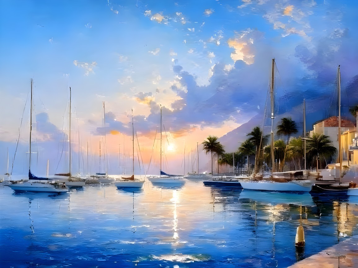 Serene Waterfront Scene with Sailboats at Sunset