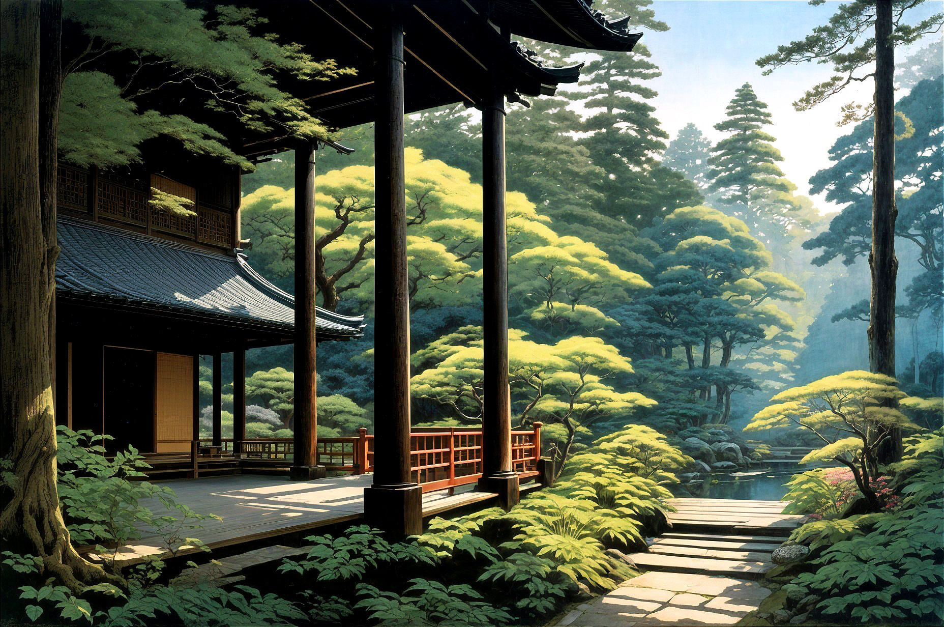 Serene garden with wooden pavilion and tranquil pond