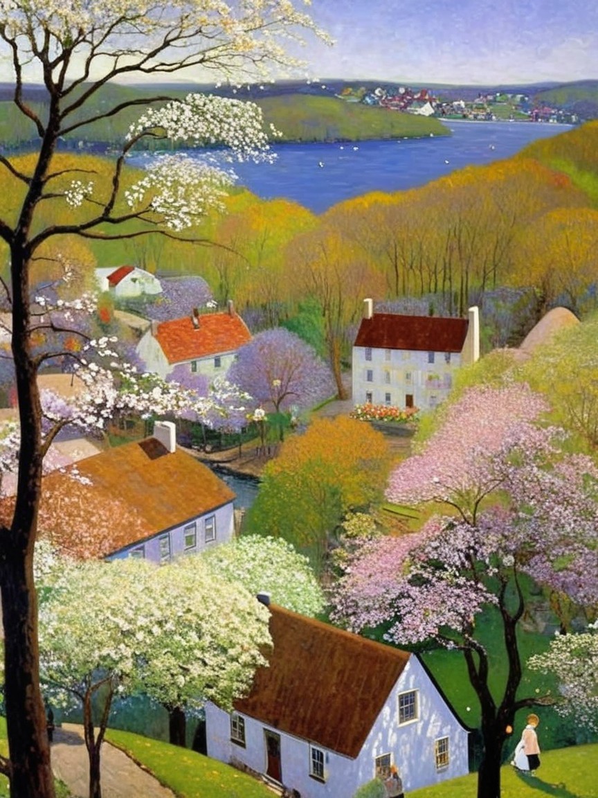 Vibrant Spring Landscape with Blooming Trees and River