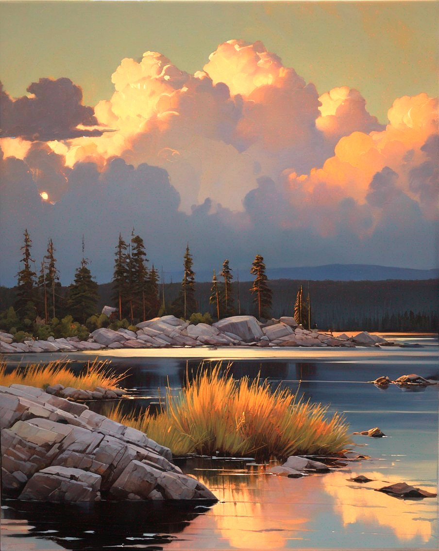 Serene Sunset Landscape with River and Trees