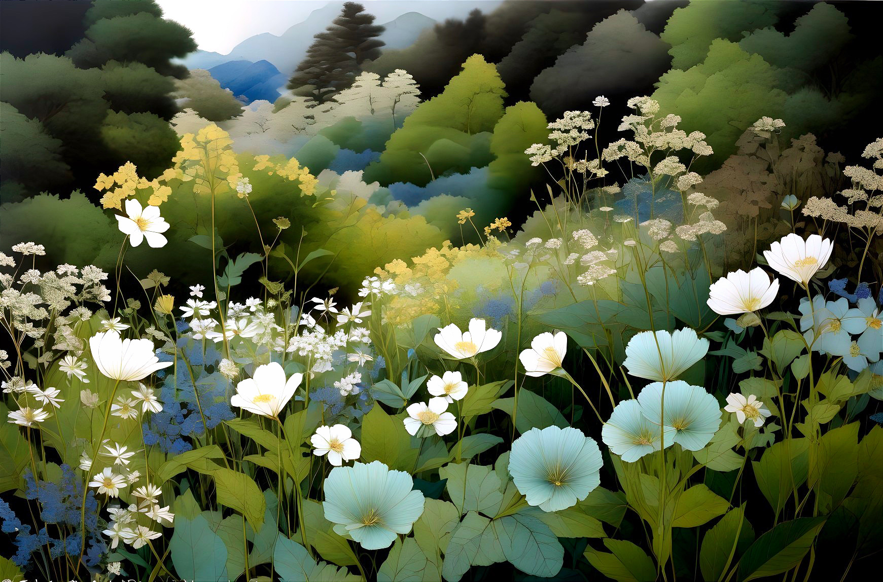 Tranquil digital painting of white and pale yellow flowers with misty green hills