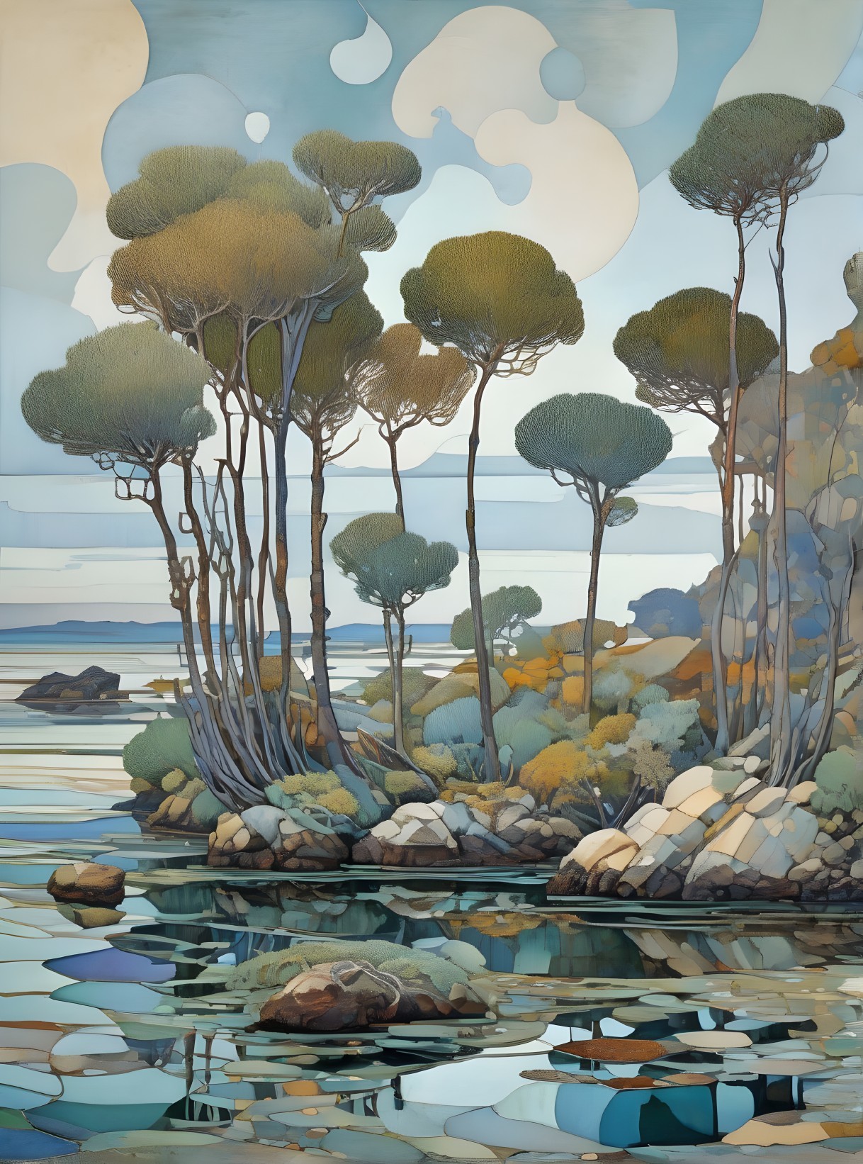 Tranquil landscape with stylized trees and calm water