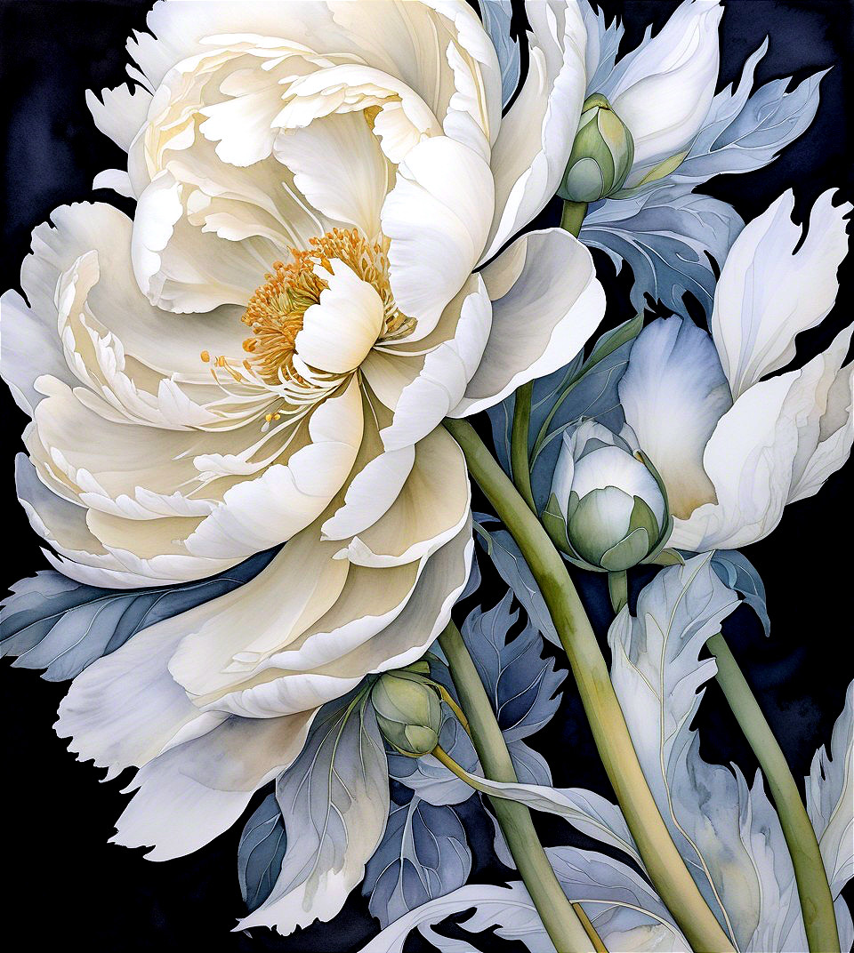 Close-Up of White Peonies with Green Leaves on Black