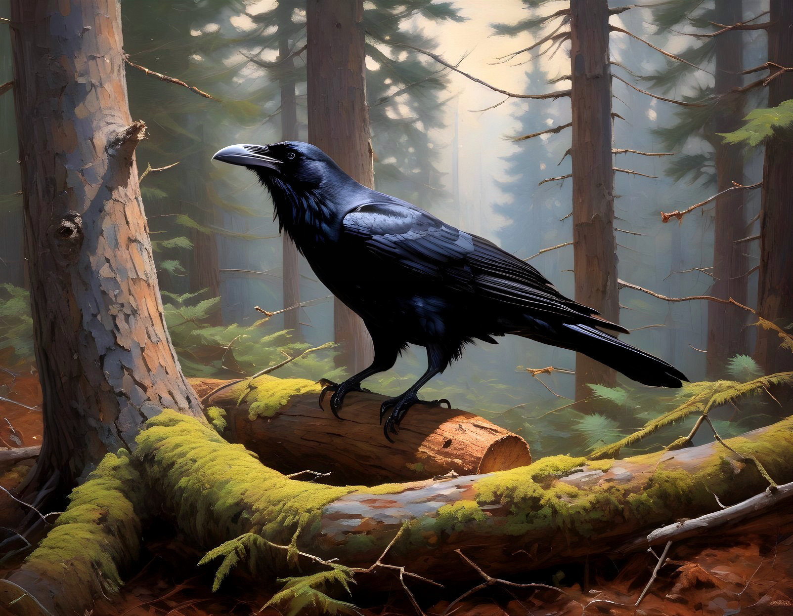 Majestic black raven on moss-covered log in forest