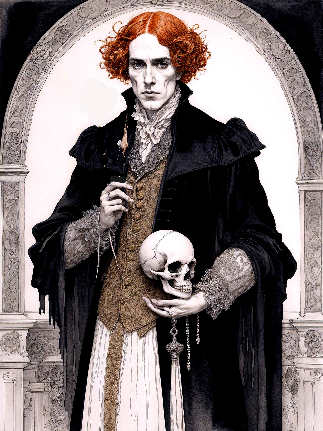 Elaborate Attire and Dramatic Portrait Features