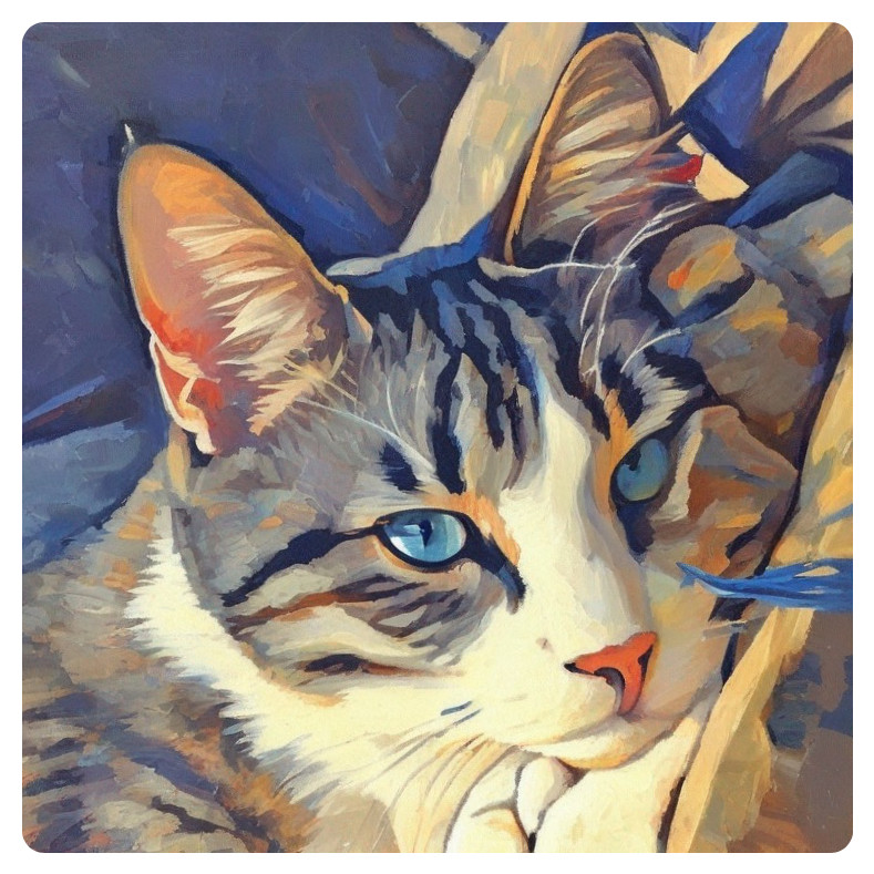 Close-Up Painting of a Cat with Blue Eyes and Fur