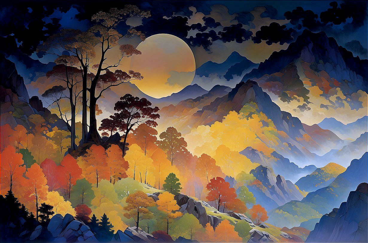 Serene Landscape with Majestic Mountains and Autumn Trees