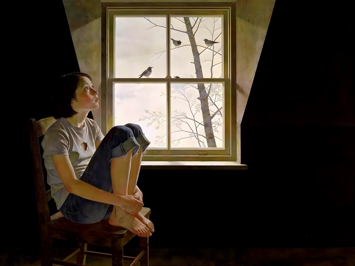 Realistic Painting of Woman Gazing Out Window