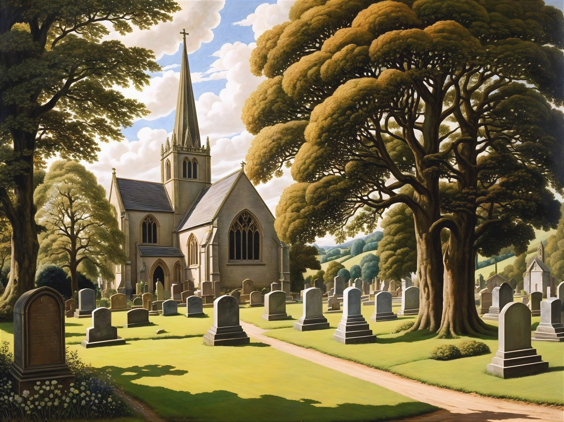 Serene graveyard beside a picturesque church scene